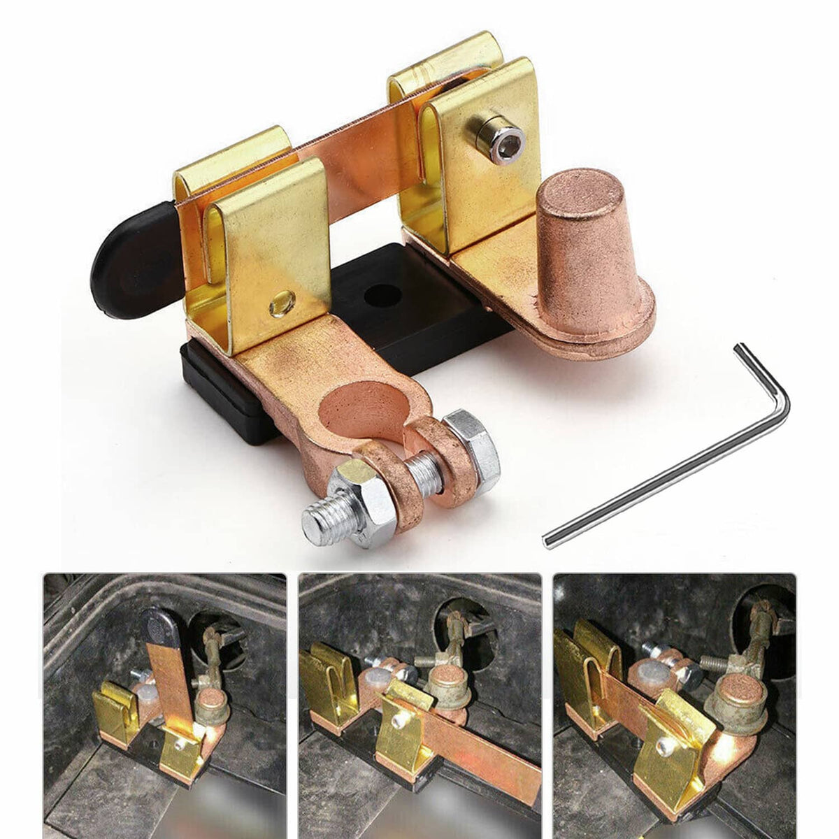 Knife blade battery disconnect switch with top post terminal, copper contacts, black lever