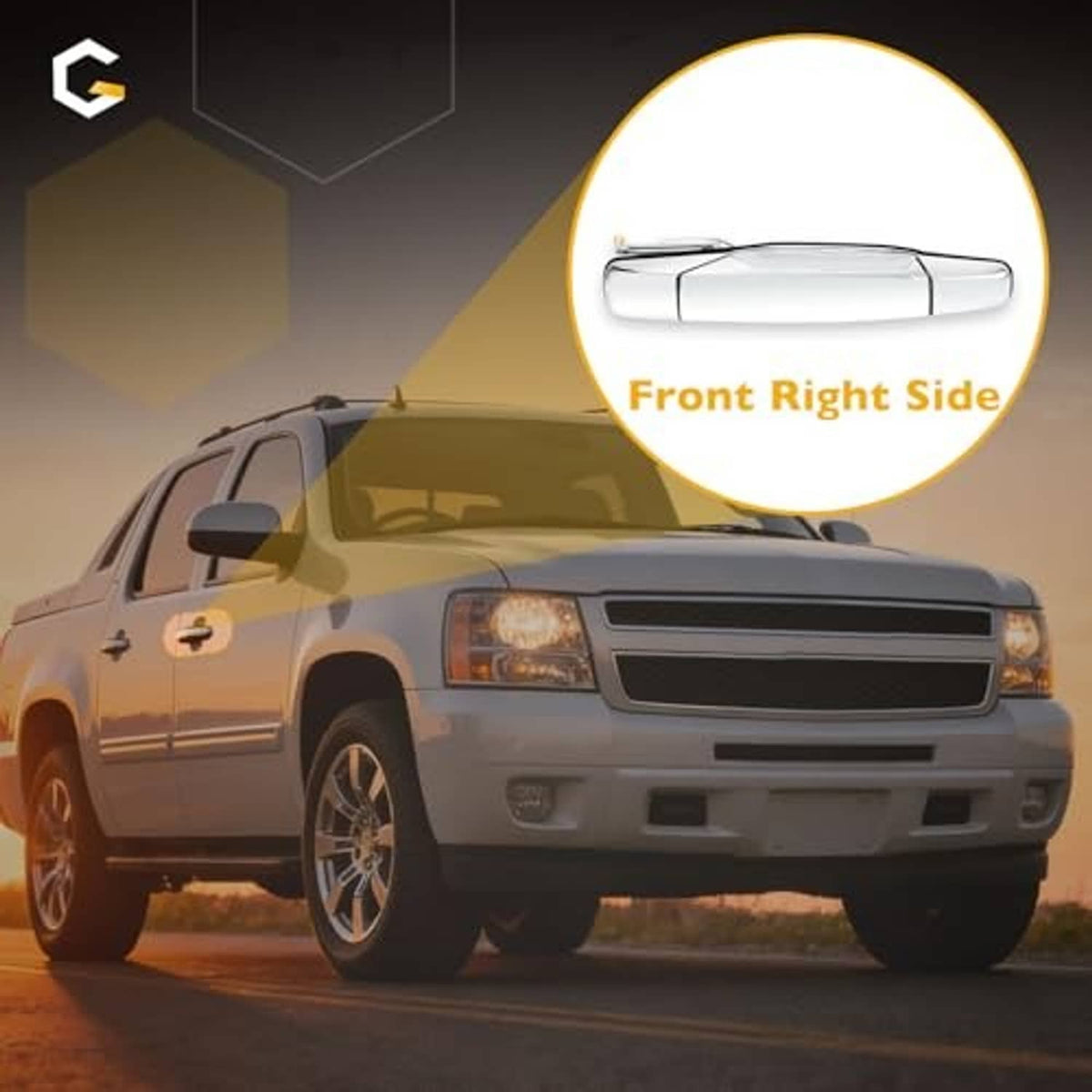 Chrome exterior door handle, front right passenger-side appearance on a pickup.