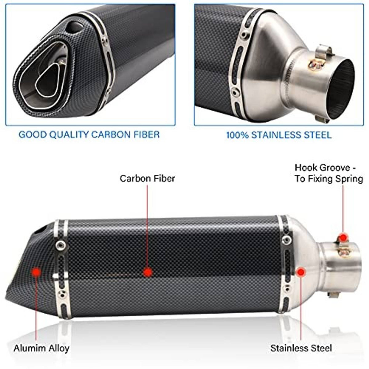 Carbon fiber-look slip-on exhaust muffler with stainless steel outlet and mounting spring hook groove.
