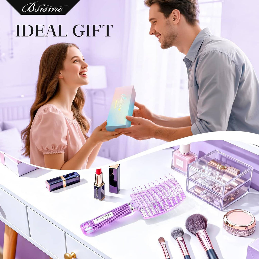 Purple curved vent detangling hair brush shown with boxed beauty items