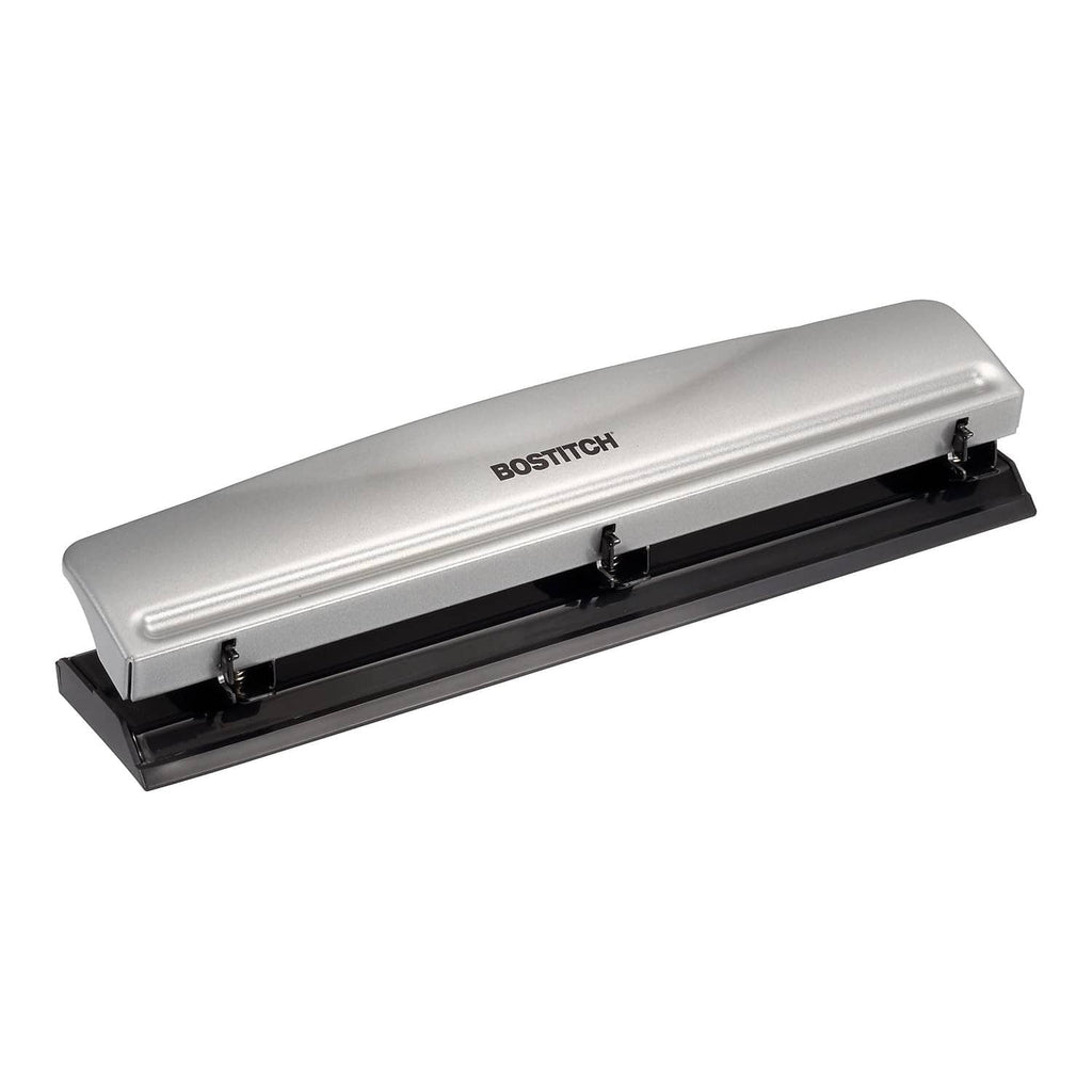 BOSTITCH 3-hole metal office punch with black base and silver top