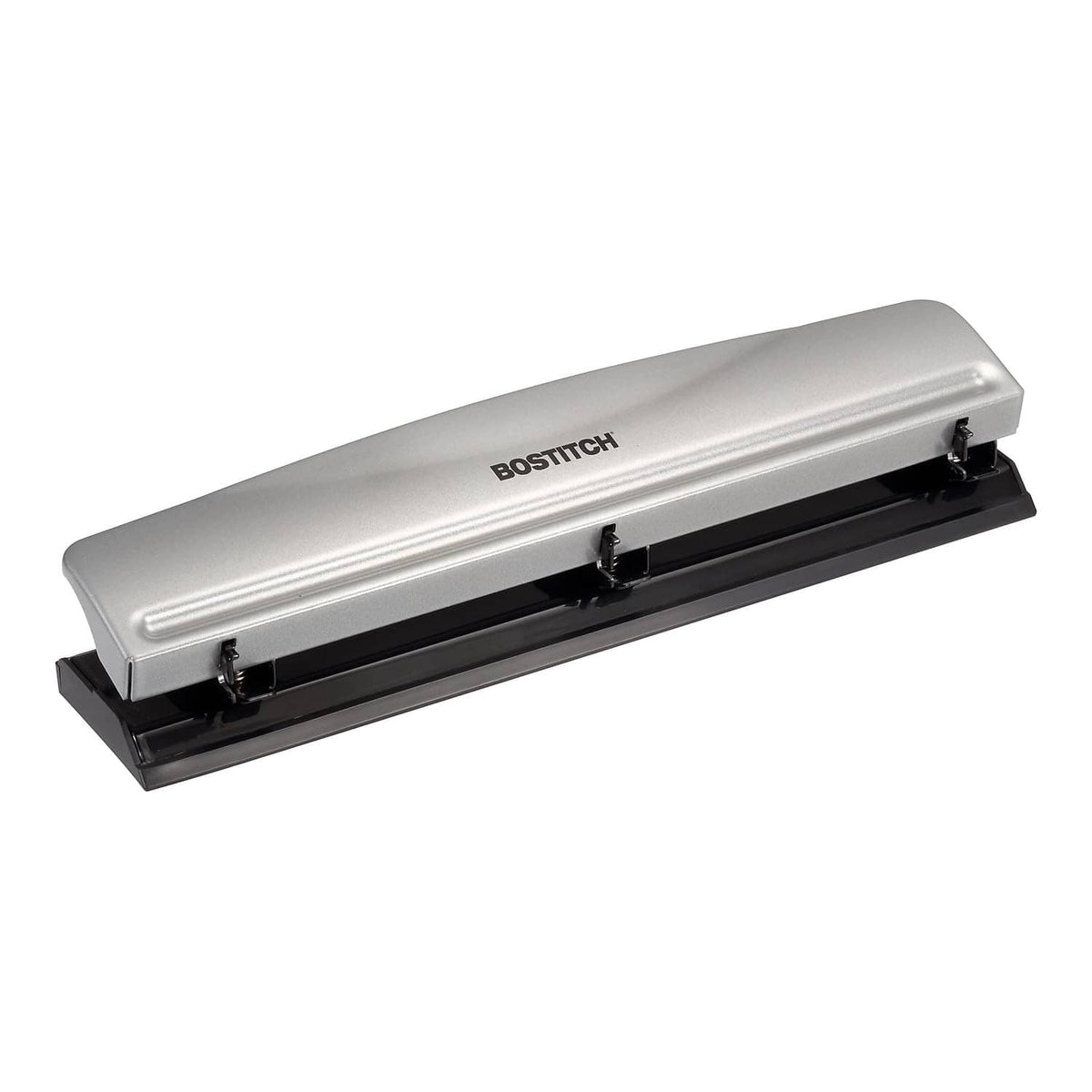 BOSTITCH 3-hole metal office punch with black base and silver top