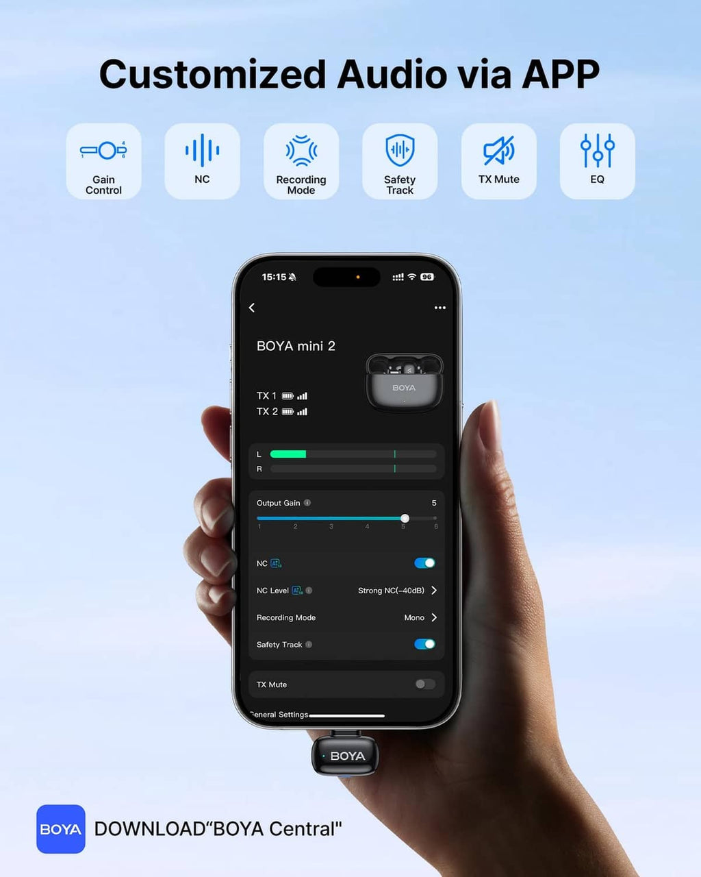 BOYA mini wireless microphone app control with black clip-on mics and charging case