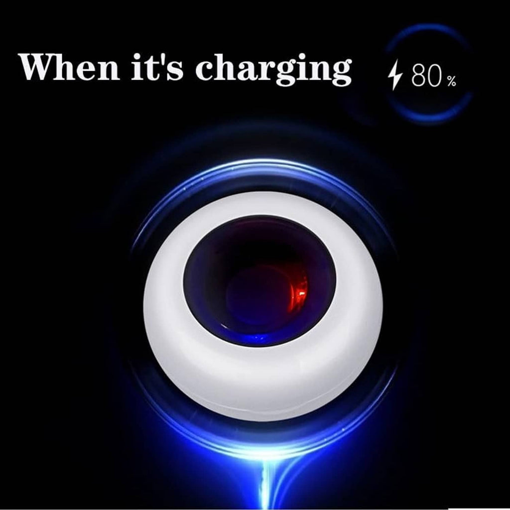 White smart ring charging case with glowing blue charging indicator light
