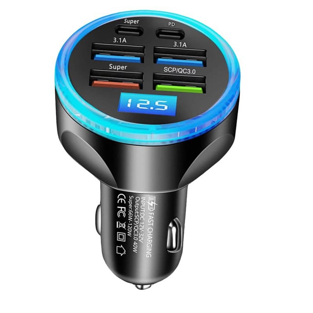 Black 6-in-1 car USB C charger with blue-lit panel and numeric voltage readout