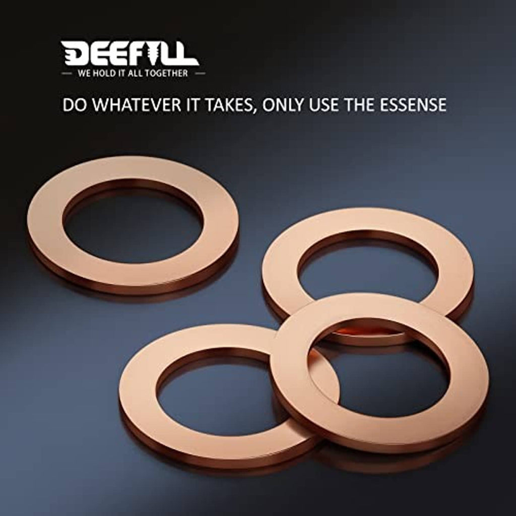 Red copper crush washers with M14 center holes, several flat circular rings arranged