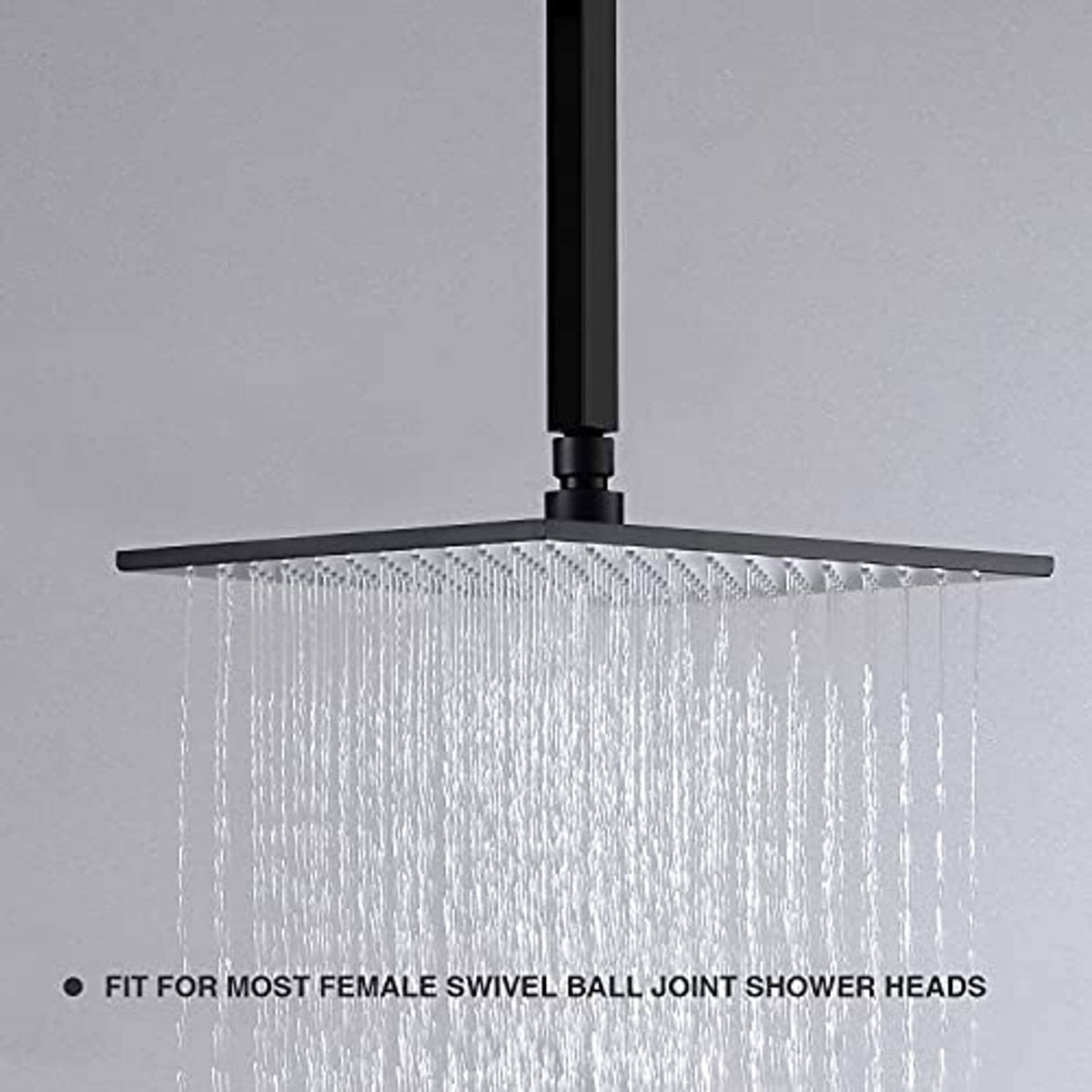 Matte black ceiling shower arm with square flange connected to rain shower head