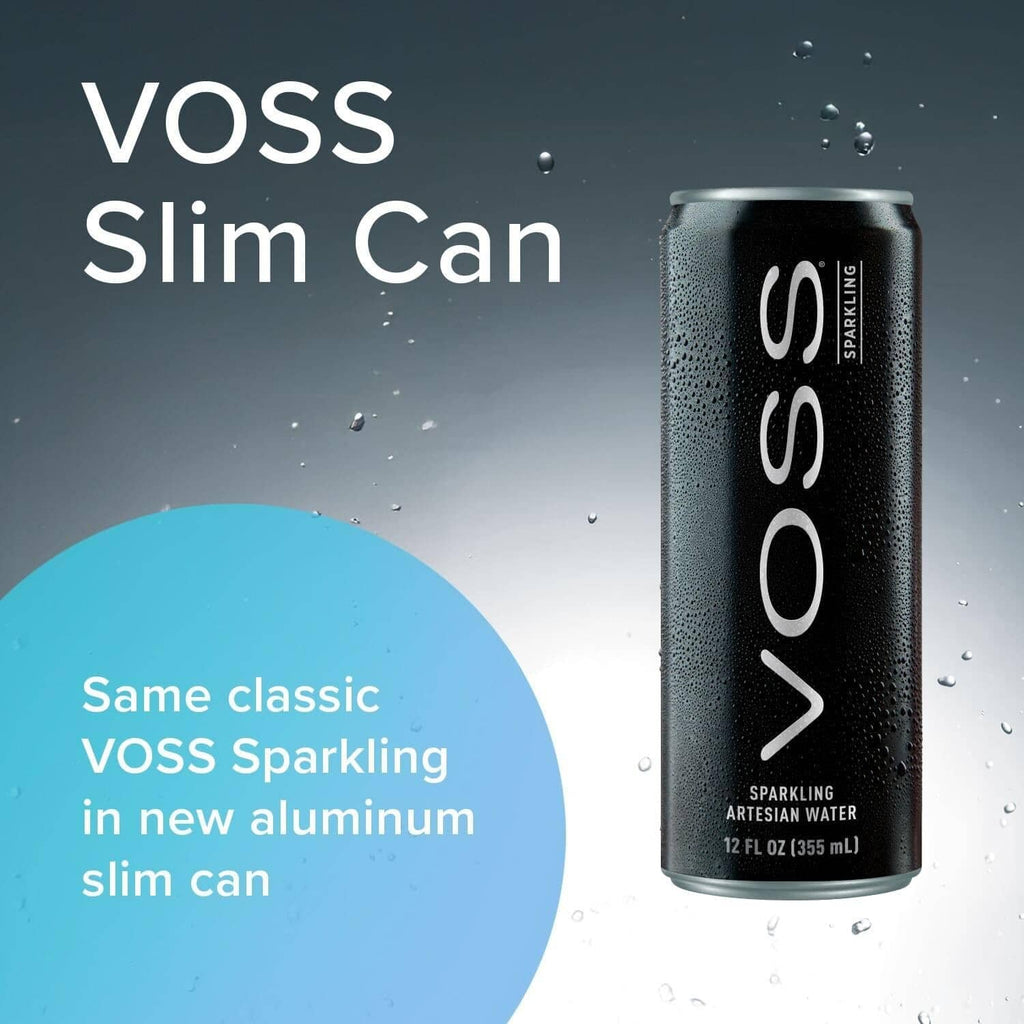 VOSS slim sparkling water can with condensation droplets