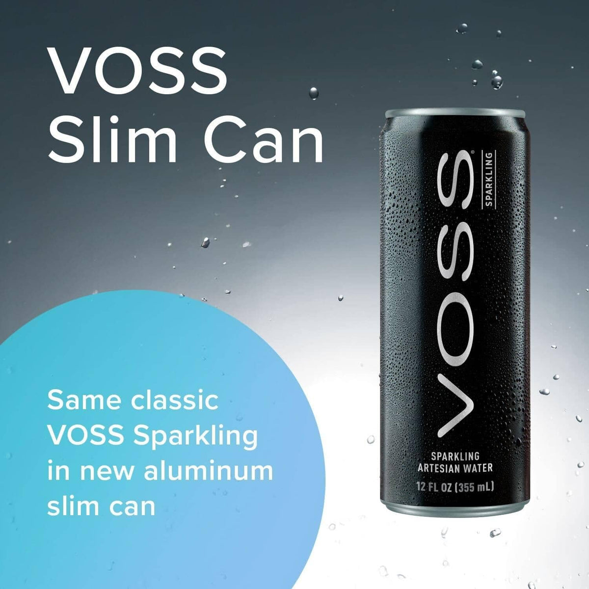 VOSS slim sparkling water can with condensation droplets
