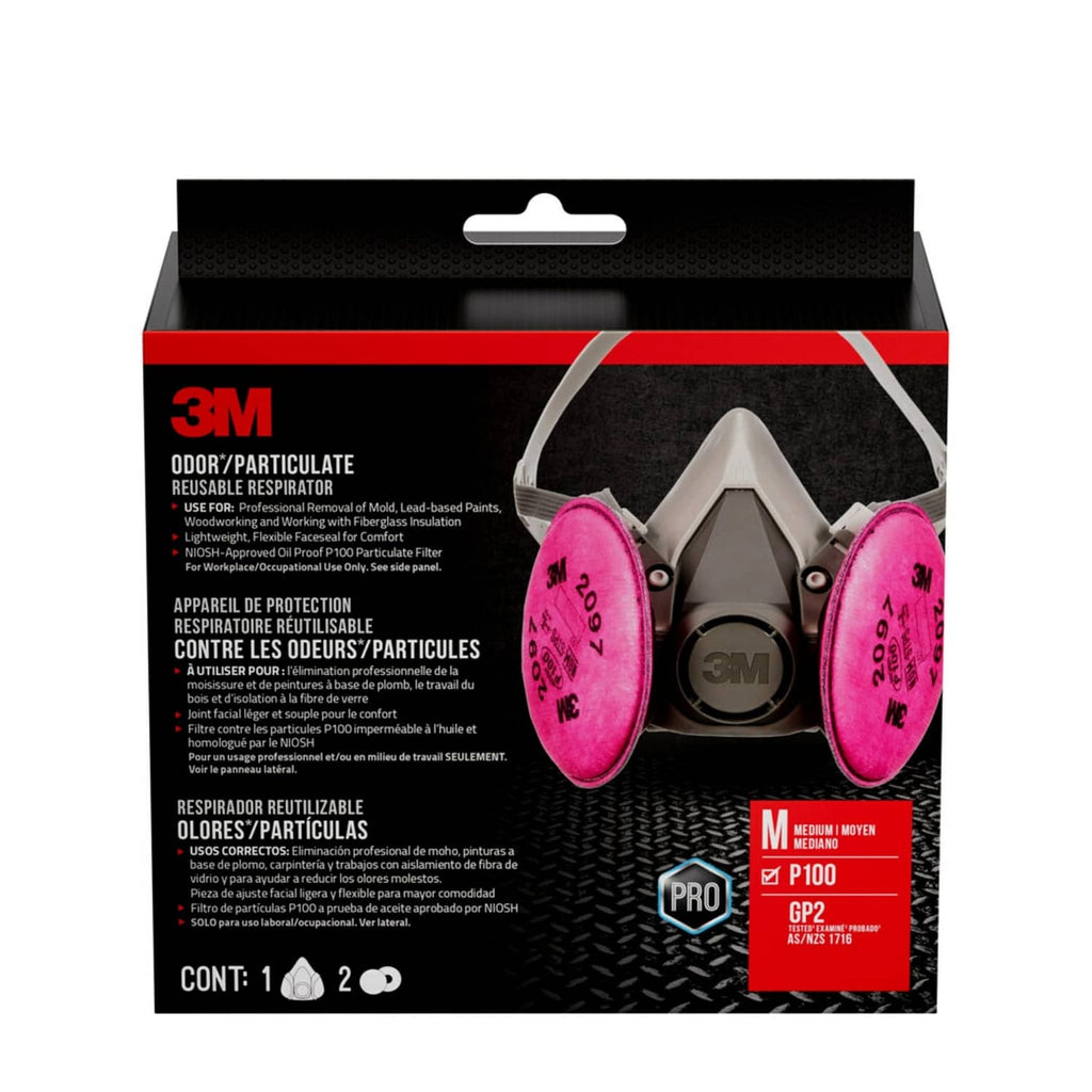 Half-face reusable respirator with pink P100 filters and adjustable head straps