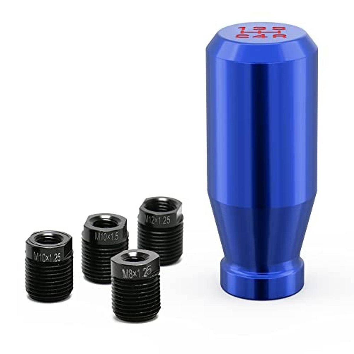 Blue aluminum shift knob with red 1-5 markings and rounded top