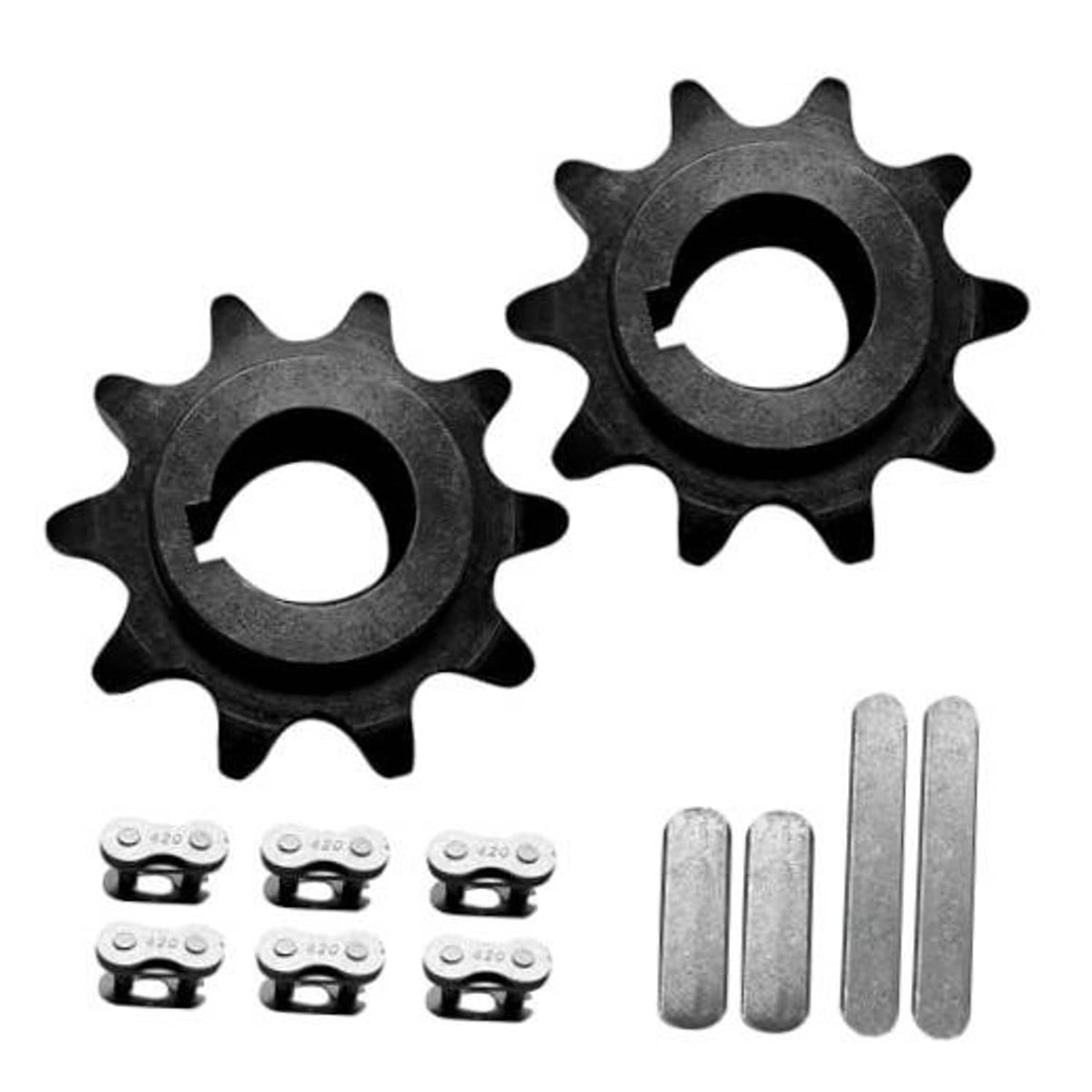 10-tooth chain front sprocket pair, dark steel, with keyway and mounting parts