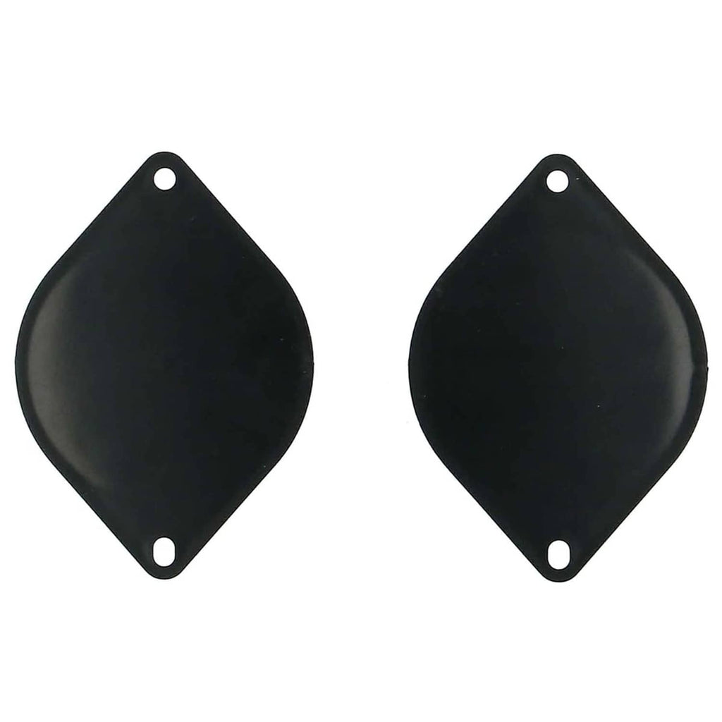 Two black teardrop rubber mounting pads with two screw holes for speaker fitting