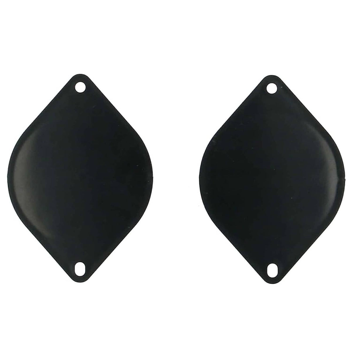 Two black teardrop rubber mounting pads with two screw holes for speaker fitting