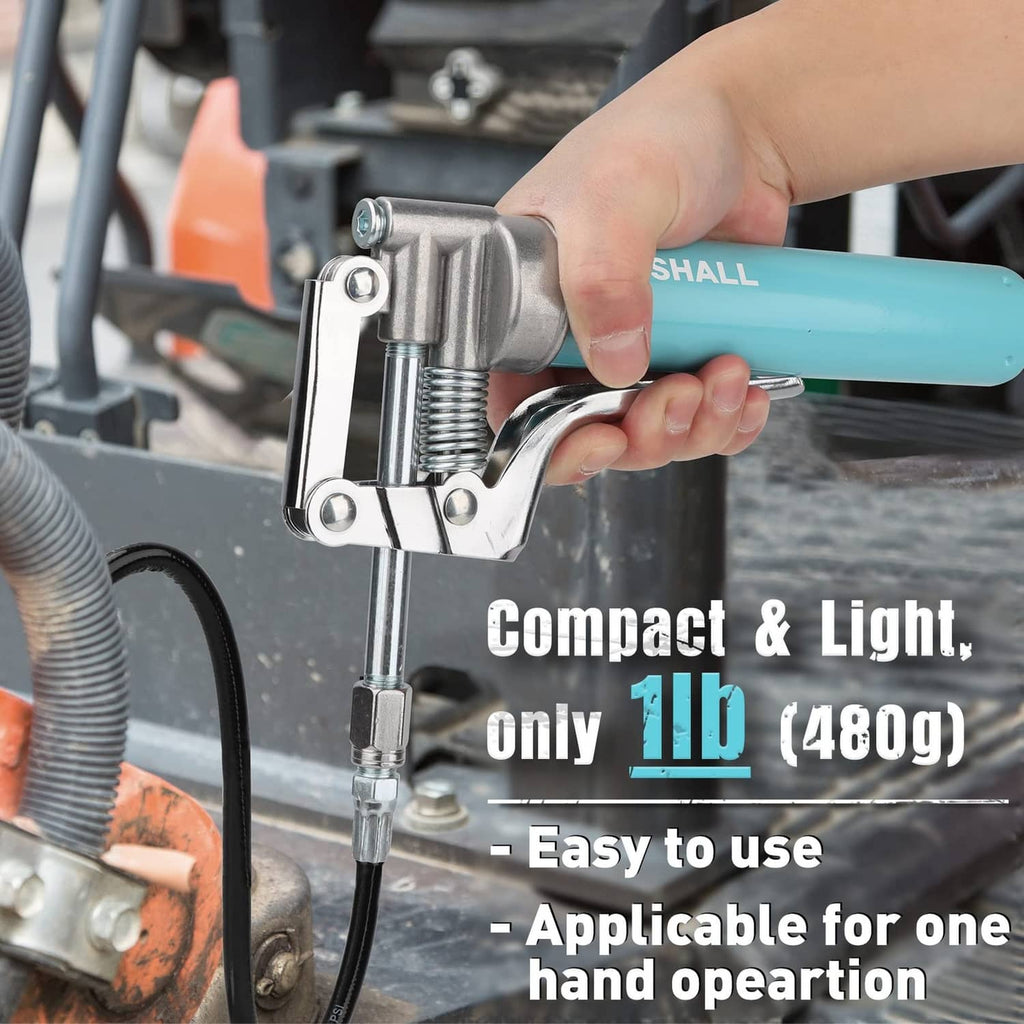 Hand operating compact blue grease gun with metal lever and nozzle