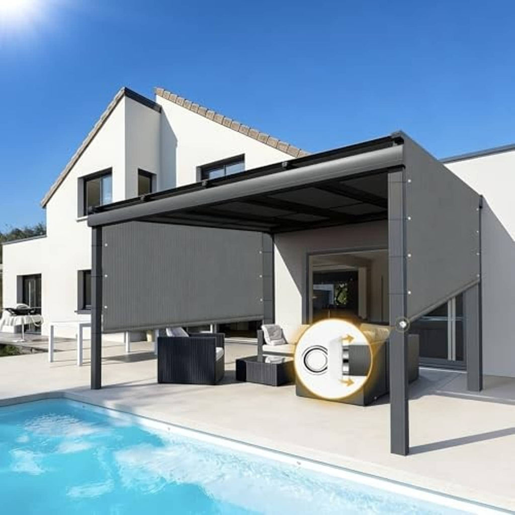 Retractable pergola shade cover in dark gray with weighted rod arms and grommets