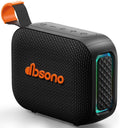 Portable Bluetooth speaker, black mesh body with orange silicone handle