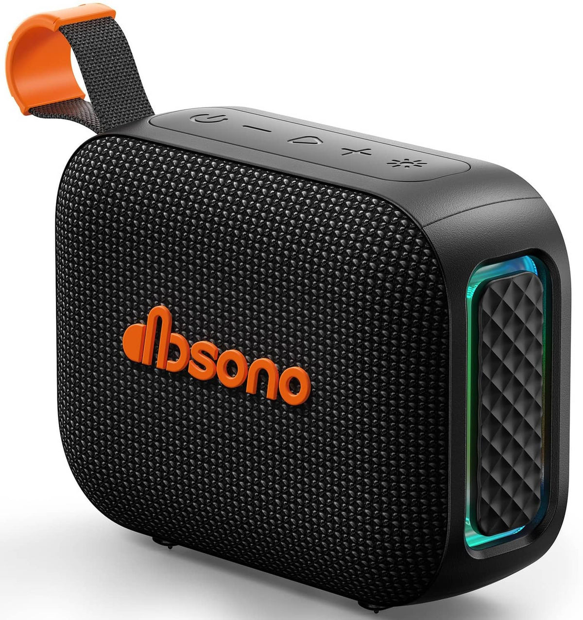 Portable Bluetooth speaker, black mesh body with orange silicone handle