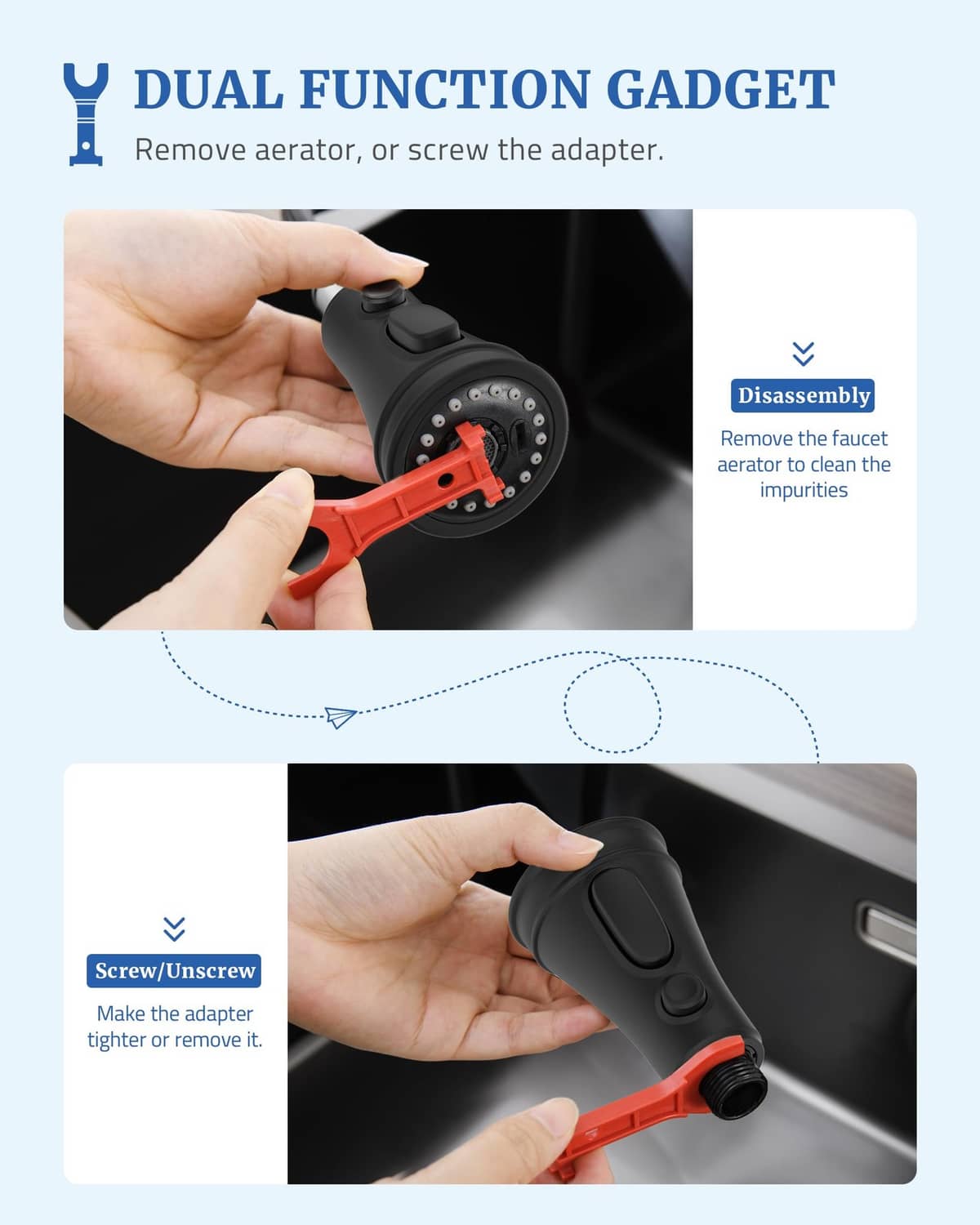 Matte black spray head replacement showing disassembly and removeable aerator