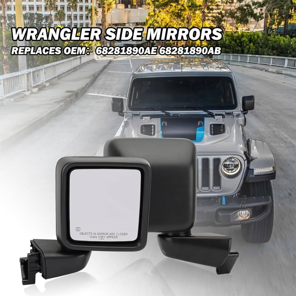 Black passenger heated side mirror installed on vehicle, rectangular housing with clear glass
