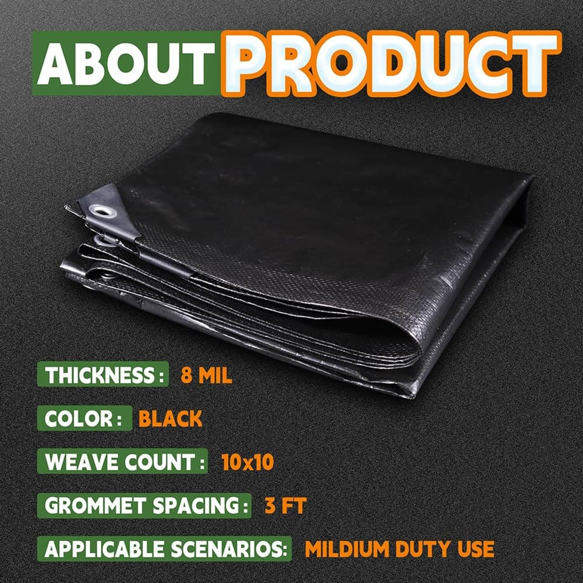 Black poly tarp folded bundle with metal grommets, 8 mil thickness shown