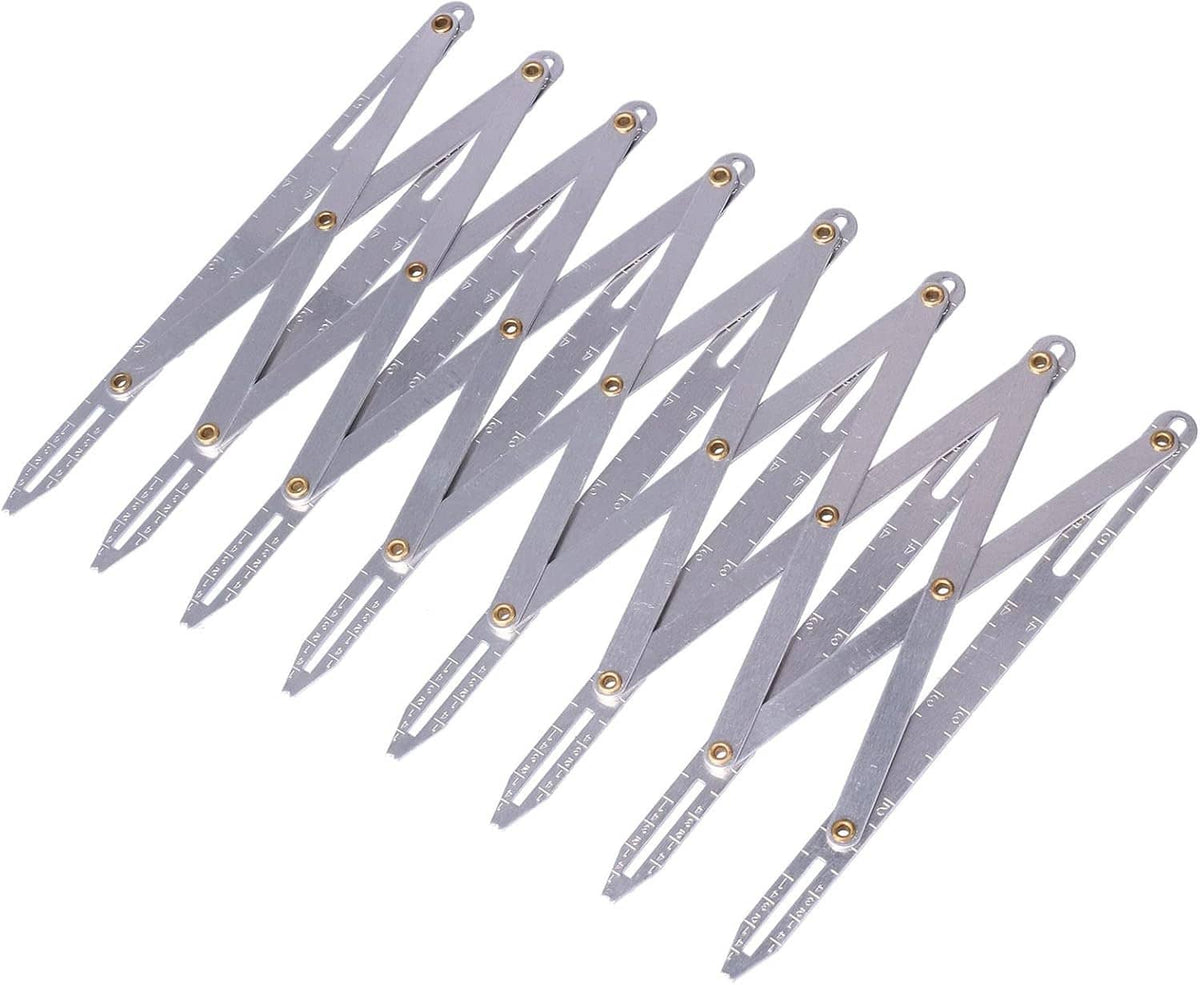 Aluminum expanding sewing gauge blades with brass pins, arranged in an open fan