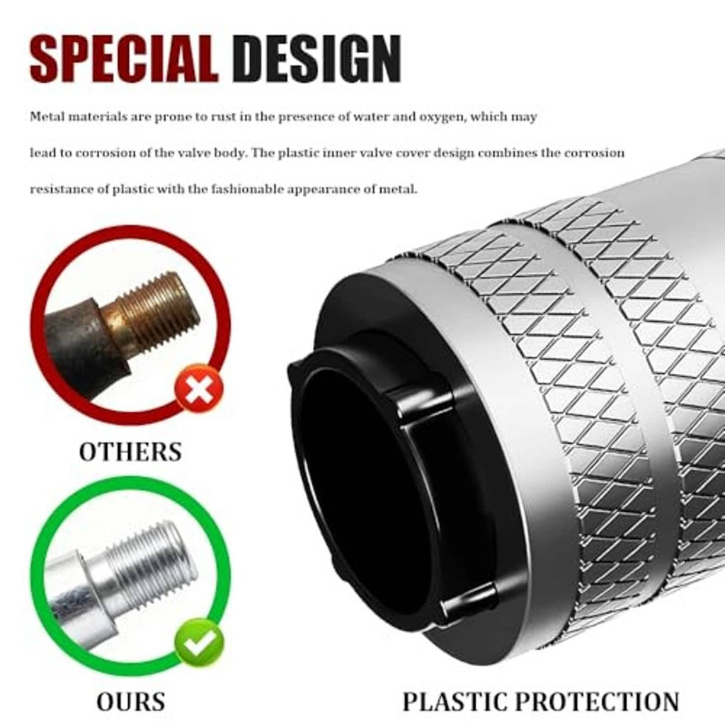 Silver tire valve stem cap with green N2 top and textured protective outer ring