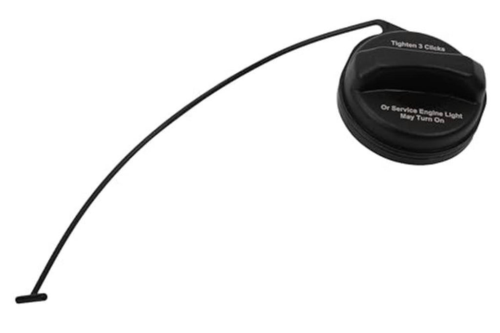 Black fuel tank filler cap with hose line, top view showing 'Tighten' text