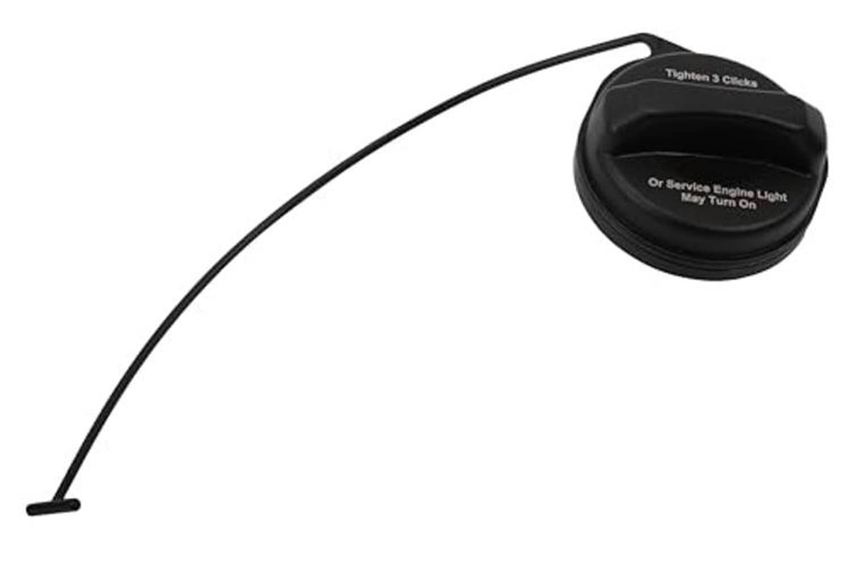 Black fuel tank filler cap with hose line, top view showing 'Tighten' text