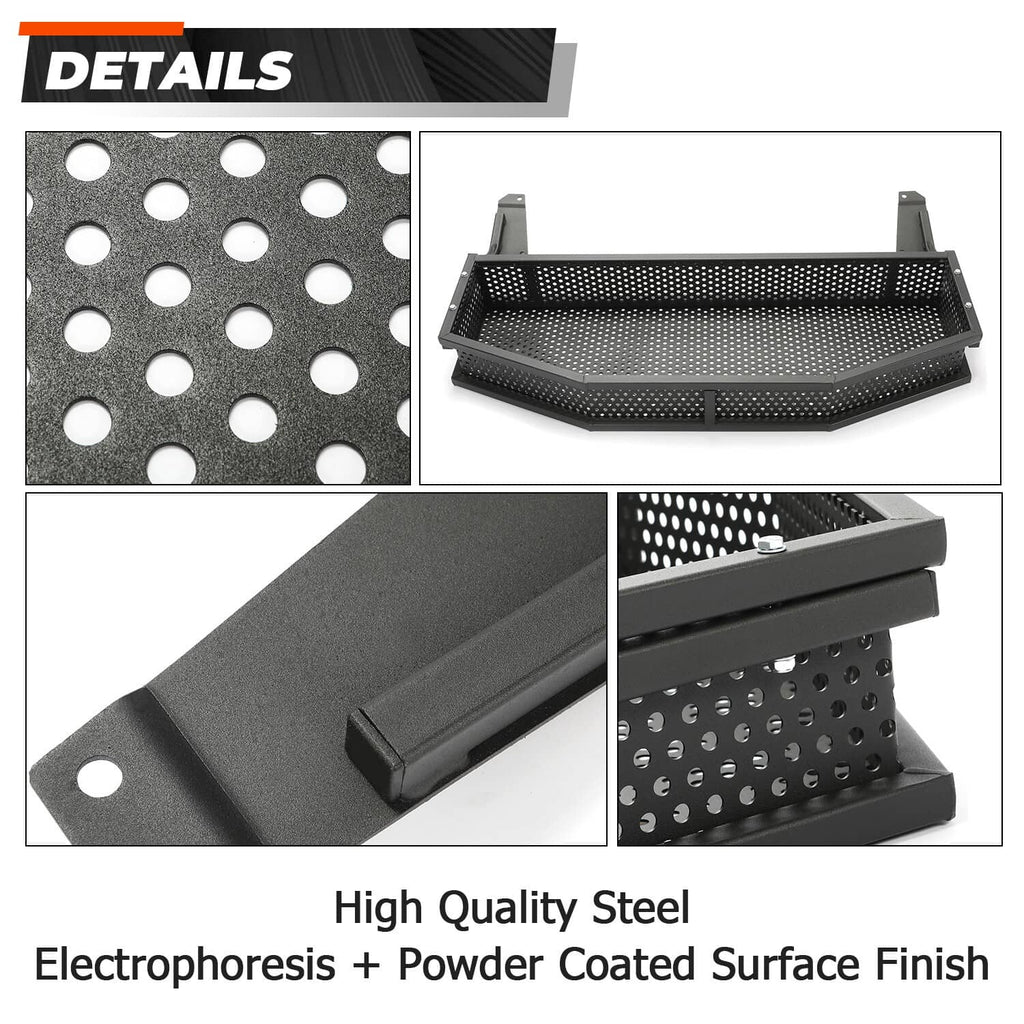 Perforated black steel basket with textured dot pattern and reinforced end panels