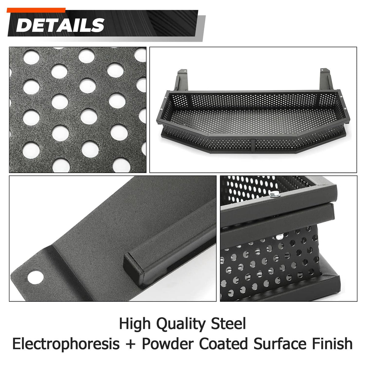 Perforated black steel basket with textured dot pattern and reinforced end panels