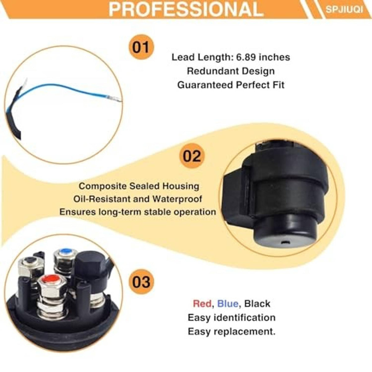 Outboard relay features diagram showing waterproof housing and terminal colors