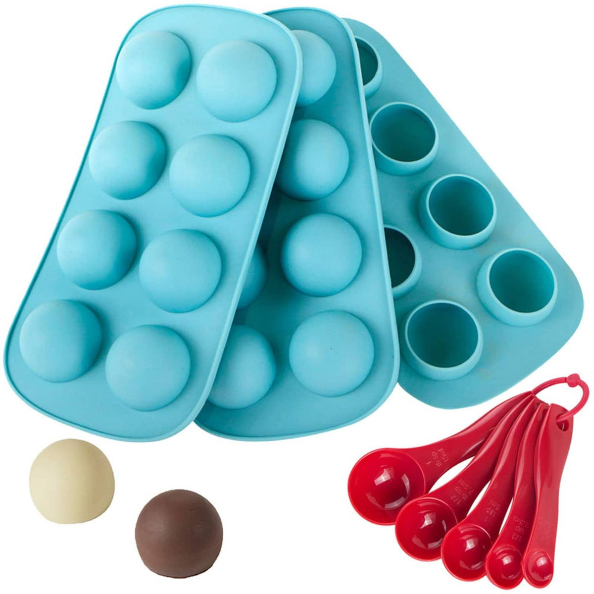Light blue silicone sphere chocolate mold tray with multiple round cavities