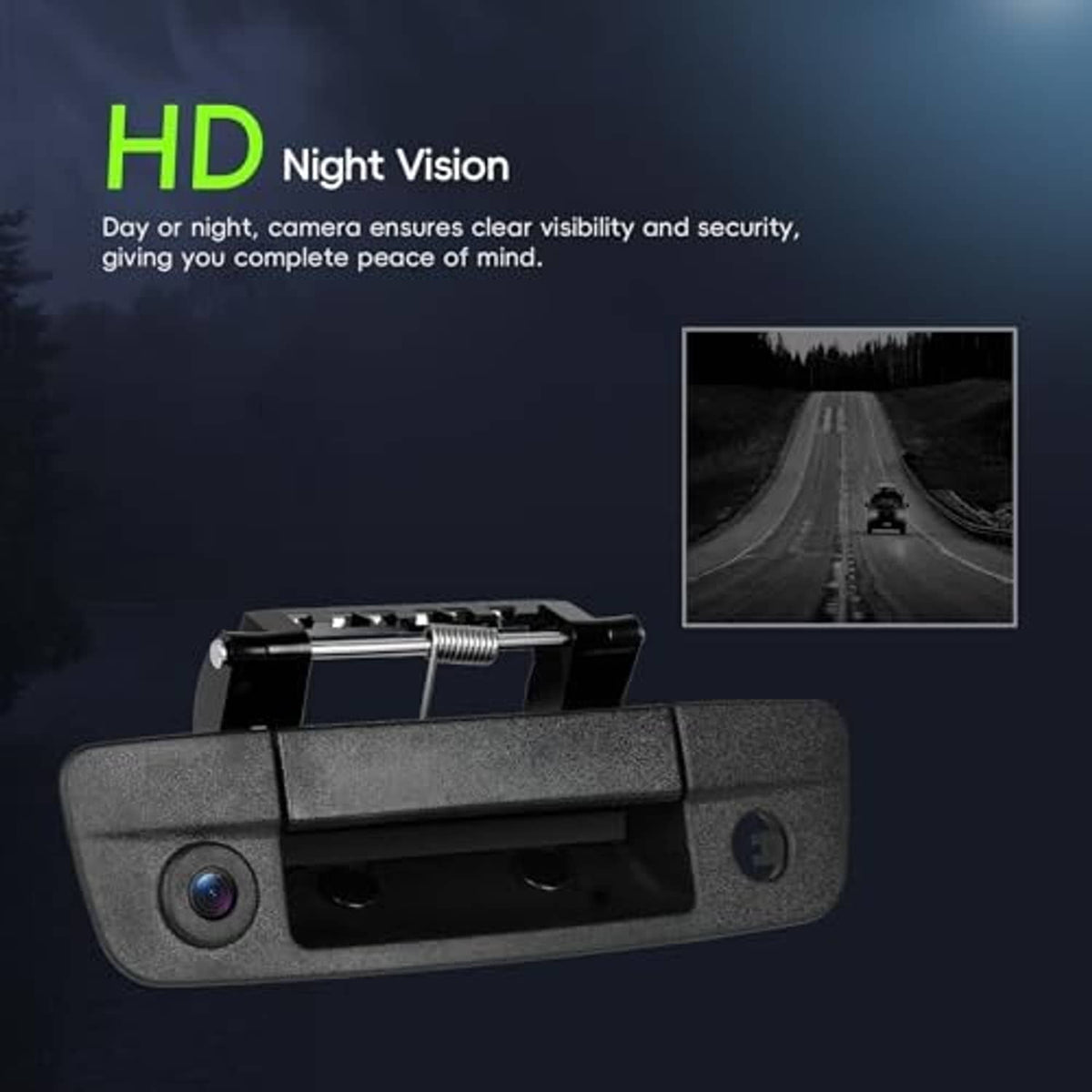 Tailgate backup camera with black textured housing and lens, night-vision style inset