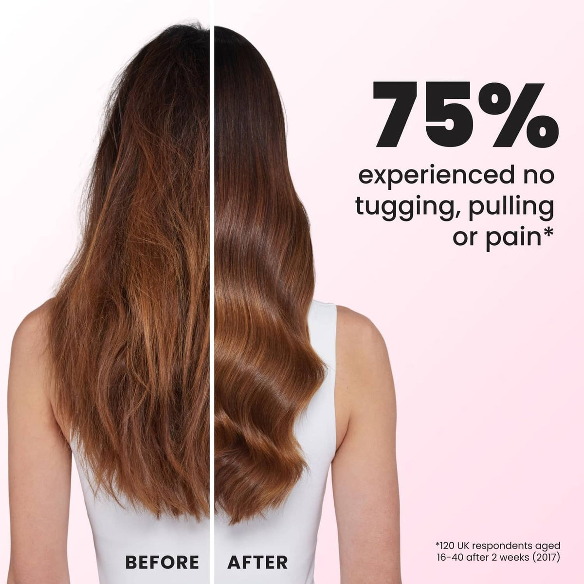 Before-and-after hair detangling halves showing smoother, shinier hair