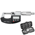 Digital micrometer with LCD display, thimble knob, black and silver body