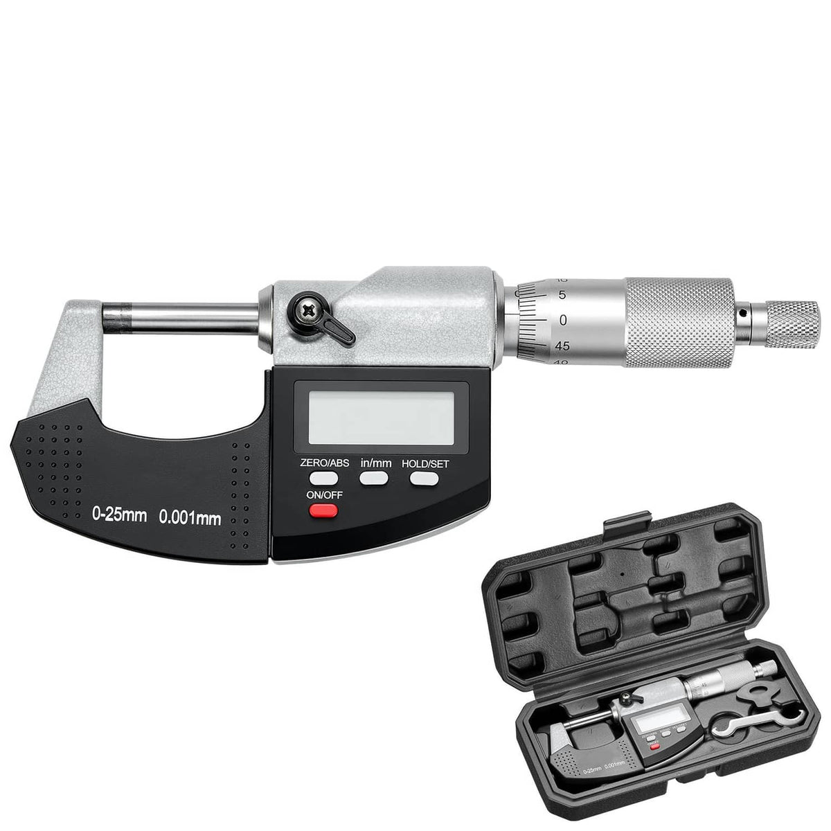Digital micrometer with LCD display, thimble knob, black and silver body