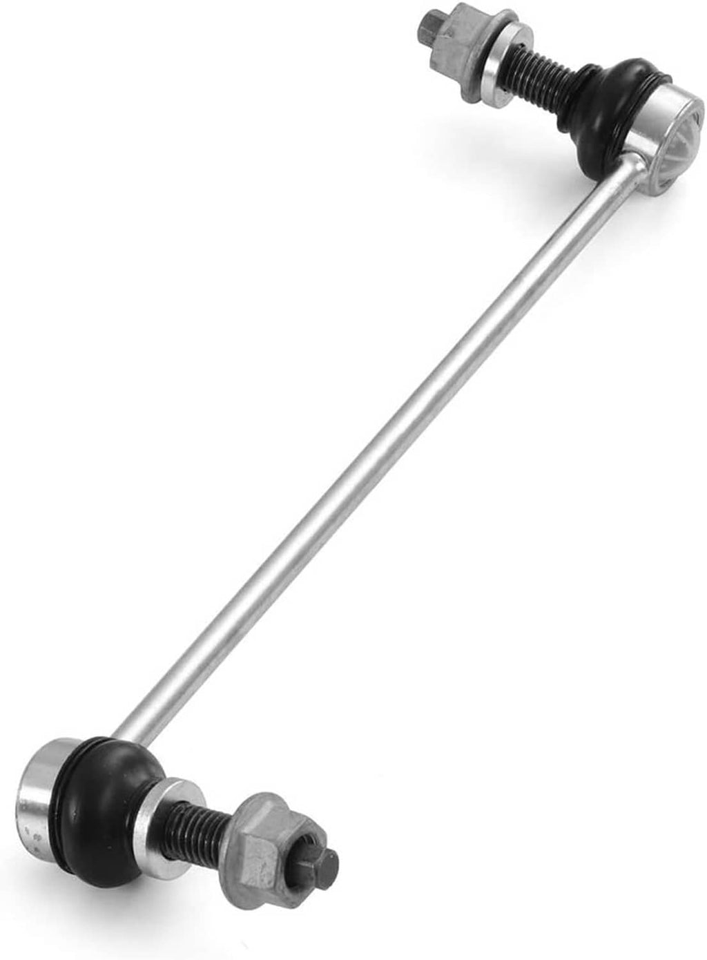 Sway bar end link with black bushings, threaded stud, and silver steel bar