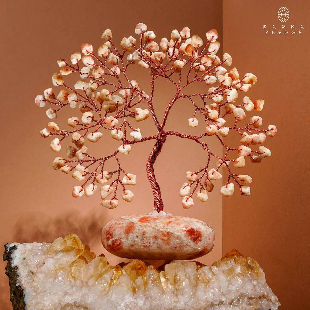 Natural stone tree ornament with dense white-pink beads, red trunk, orange-pink base