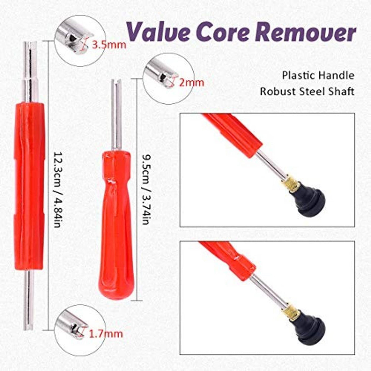 Valve core remover tool with red plastic handle and metal shaft, includes needle-style tip