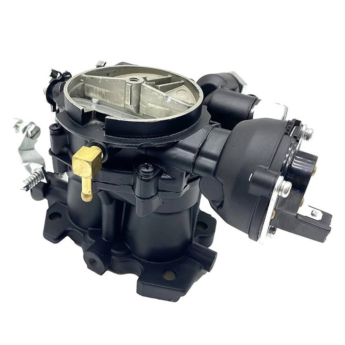 Marine electric choke carburetor with black body, silver cover, and gold adjustment pin