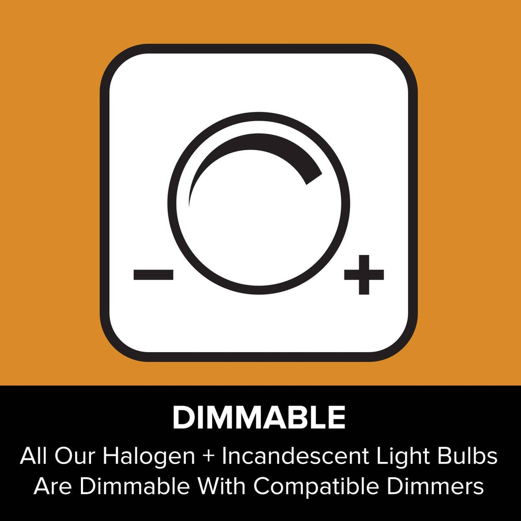 Dimmable halogen bulb feature graphic with brightness dial icon and dimmable text