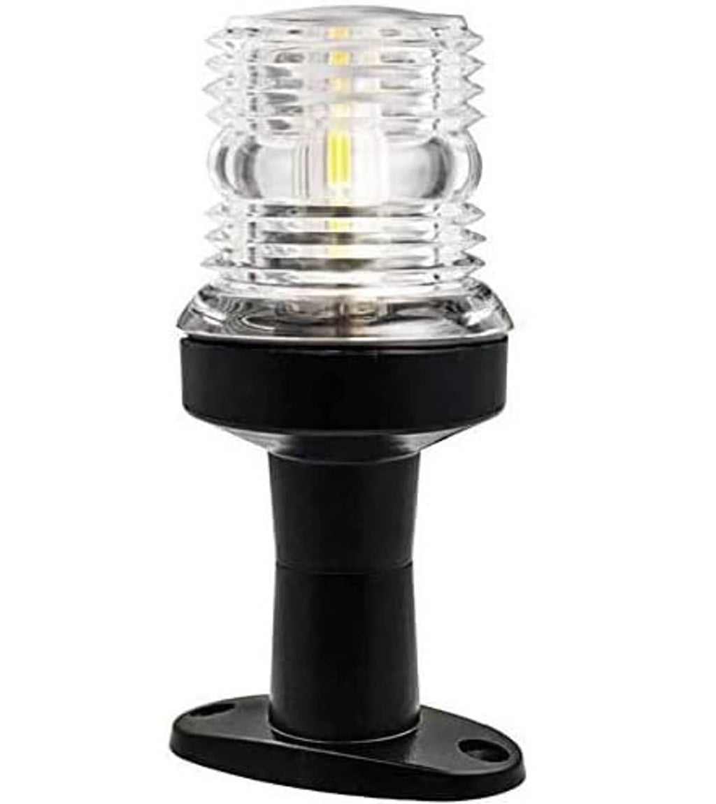 Marine LED navigation light with clear domed lens, bright LEDs, and black mount base