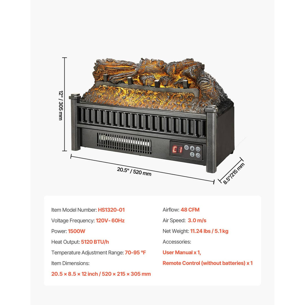 Electric log heater dimension diagram with measurements and control panel front view