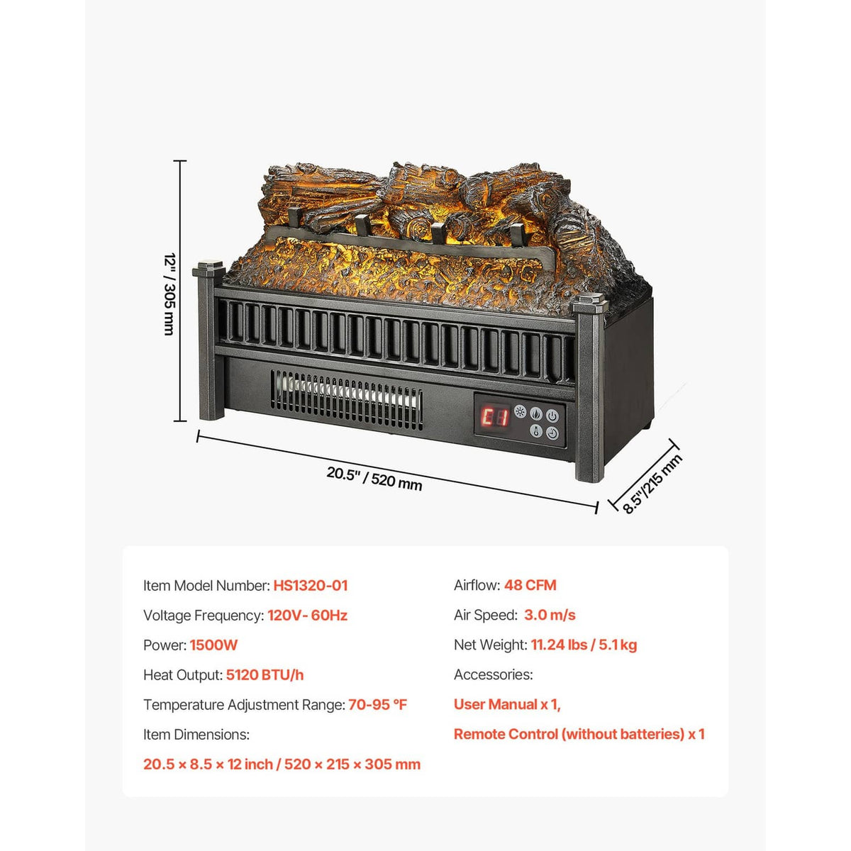 Electric log heater dimension diagram with measurements and control panel front view