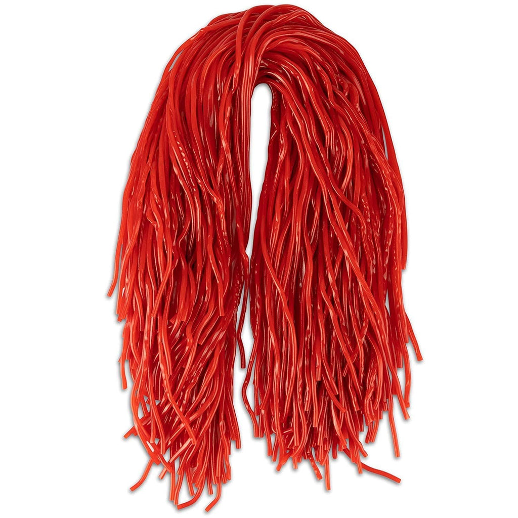 Red string licorice candy bundle, tangled loose strands
