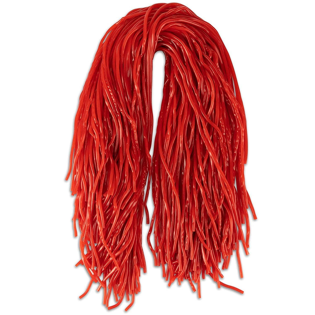 Red string licorice candy bundle, tangled loose strands