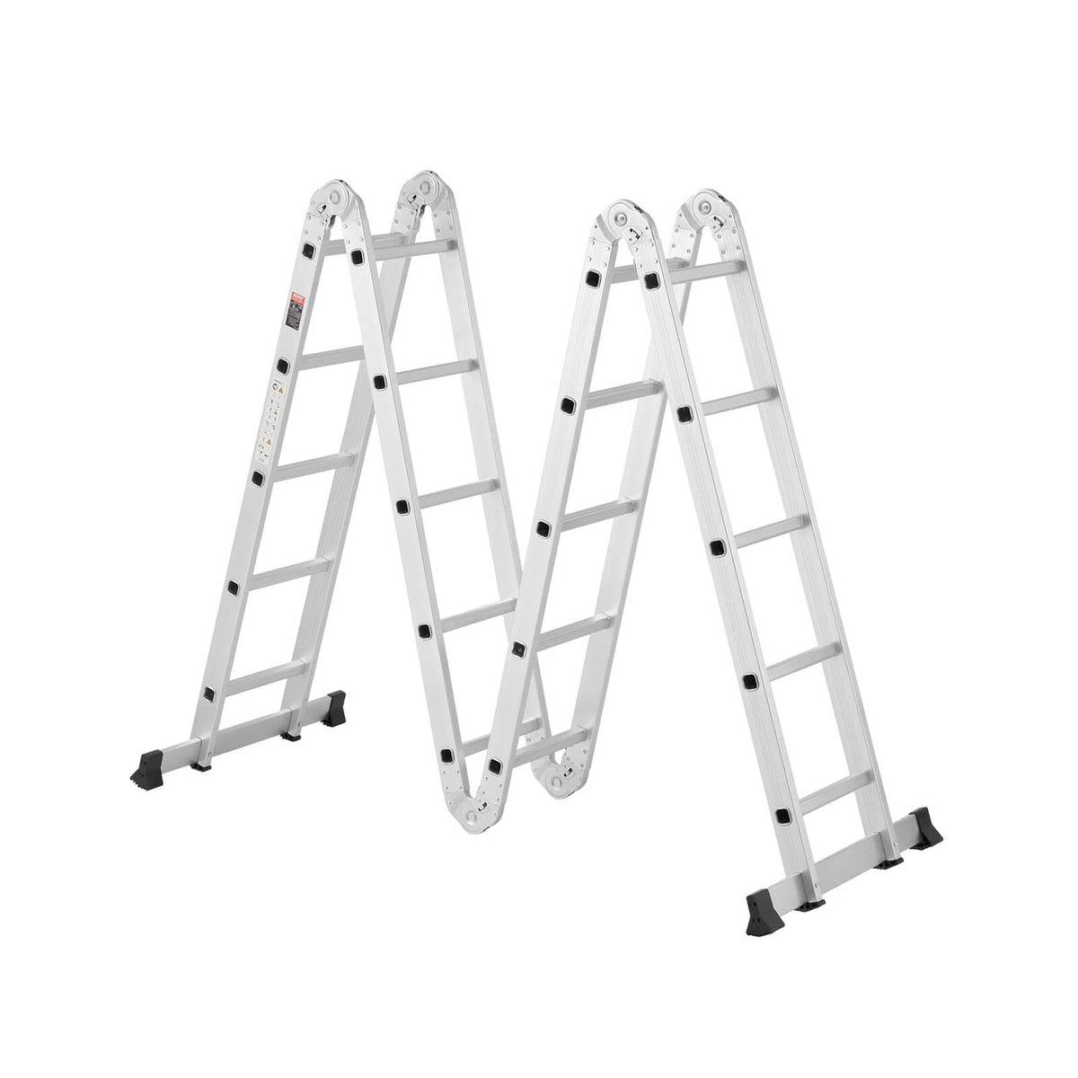 White multi-purpose folding ladder shown unfolded in multiple stand positions with feet pads.