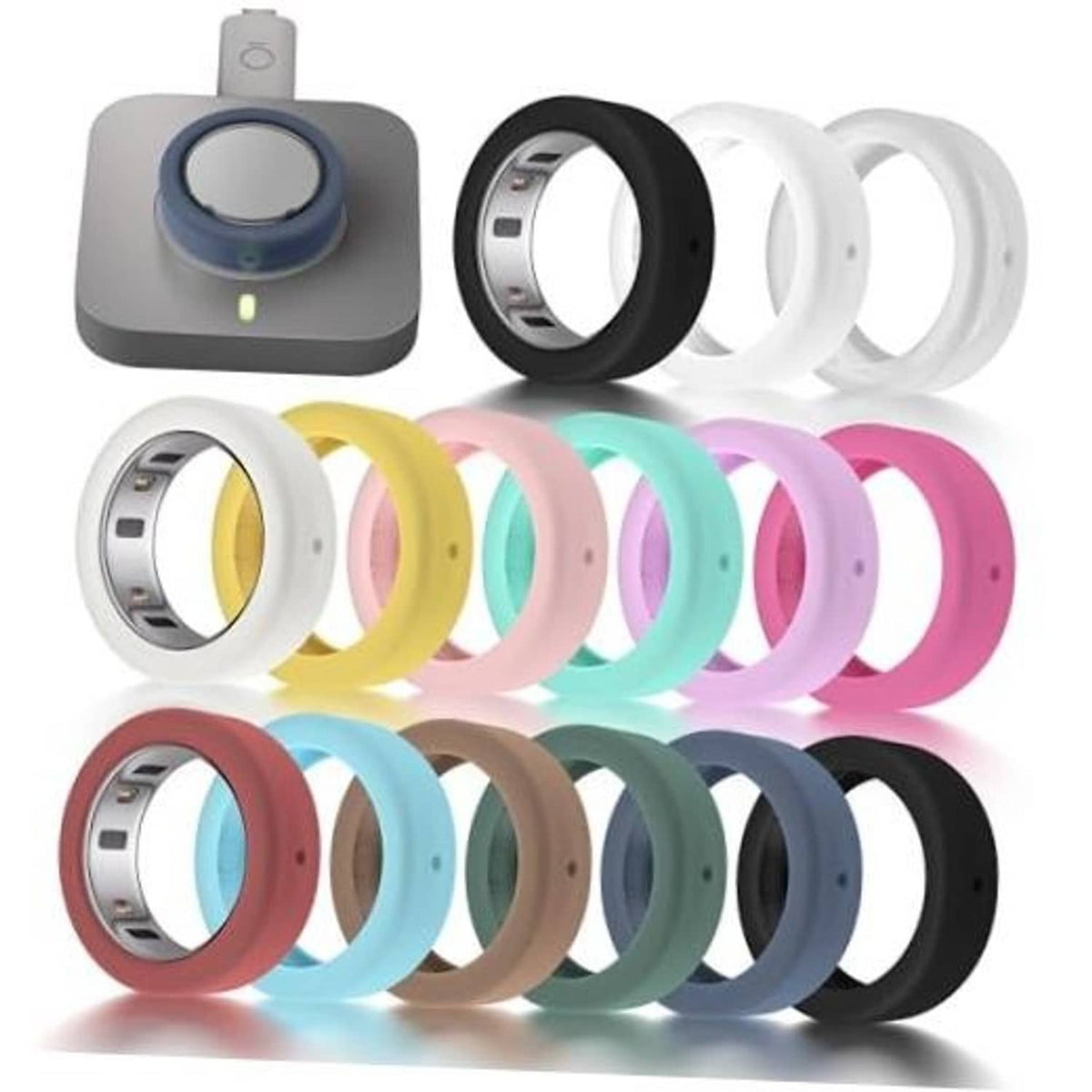 Colorful silicone ring covers set with multiple sizes, including black and white bands.