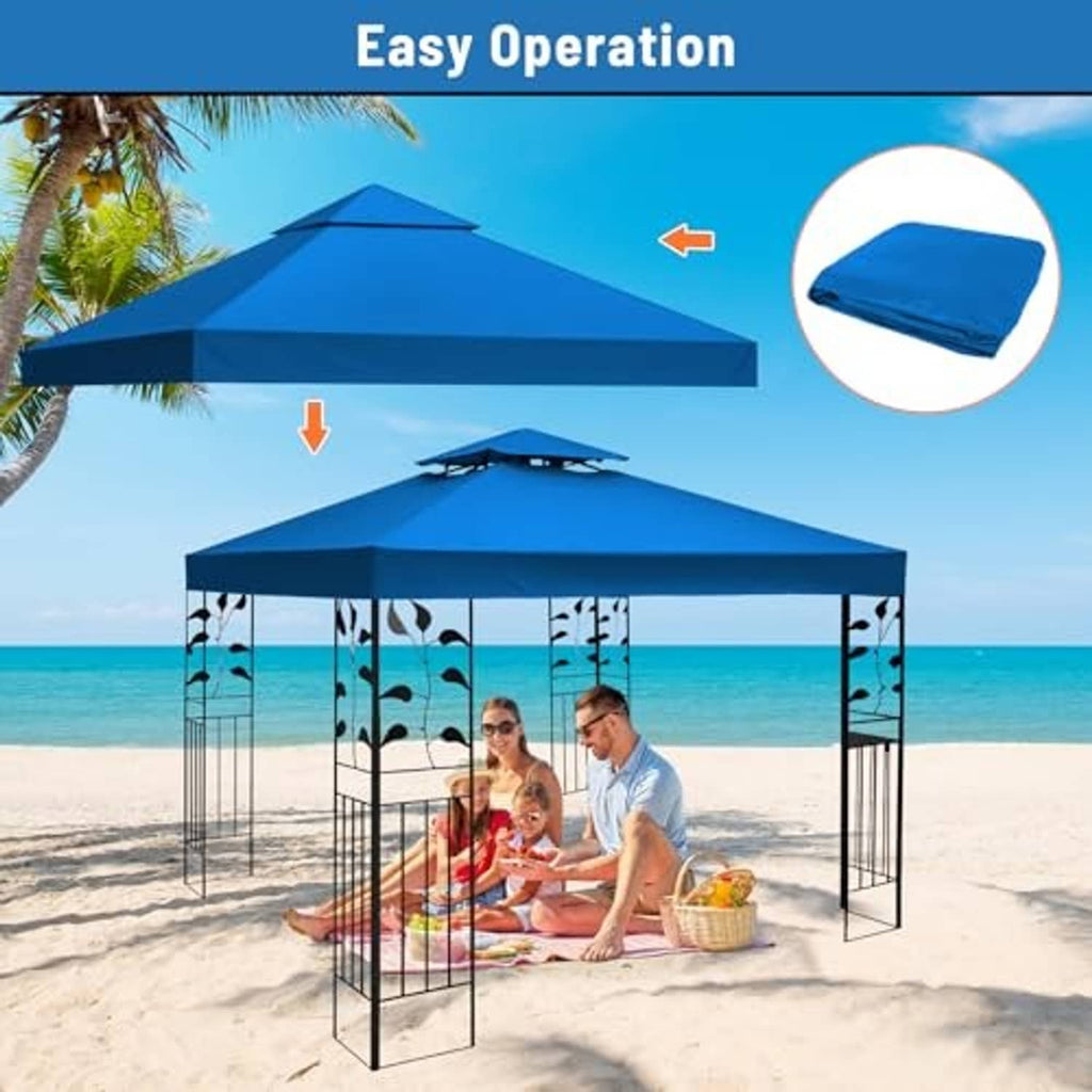 Blue double-tiered canopy roof with removable folded cover